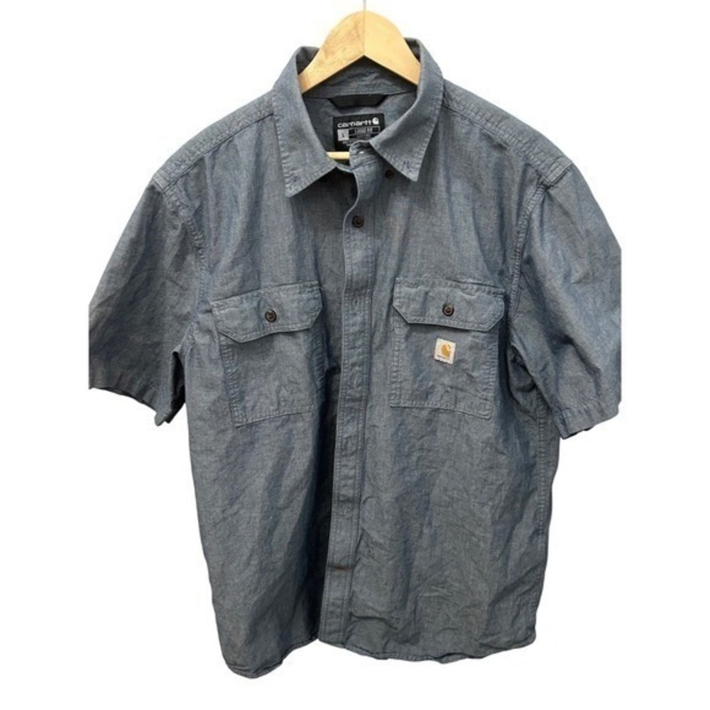 Carhartt Men's Large Loose Fit Chambray Shirt Short Sleeve Dual Pocket Blue - Picture 3 of 4
